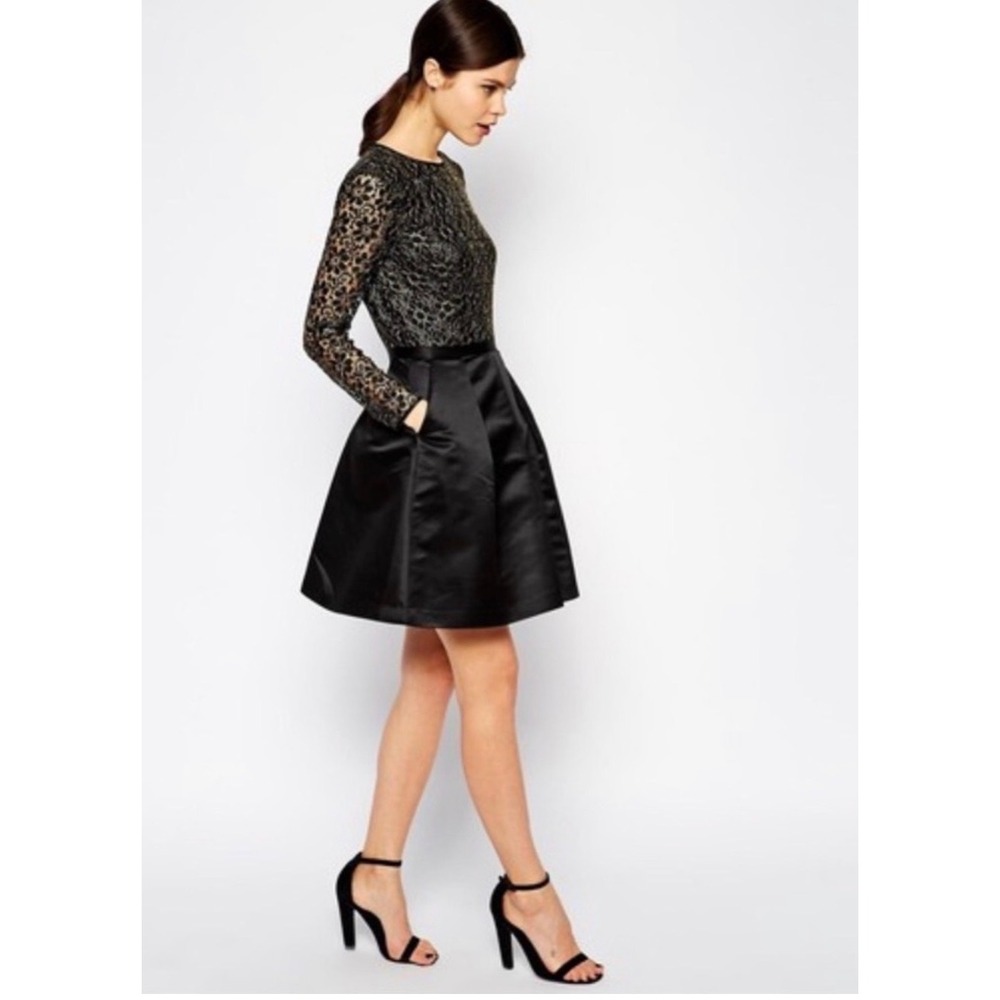 Ted Baker Freeya Dress Womens 4 Black Gold Lace Satin Long Sleeve Cocktail Party